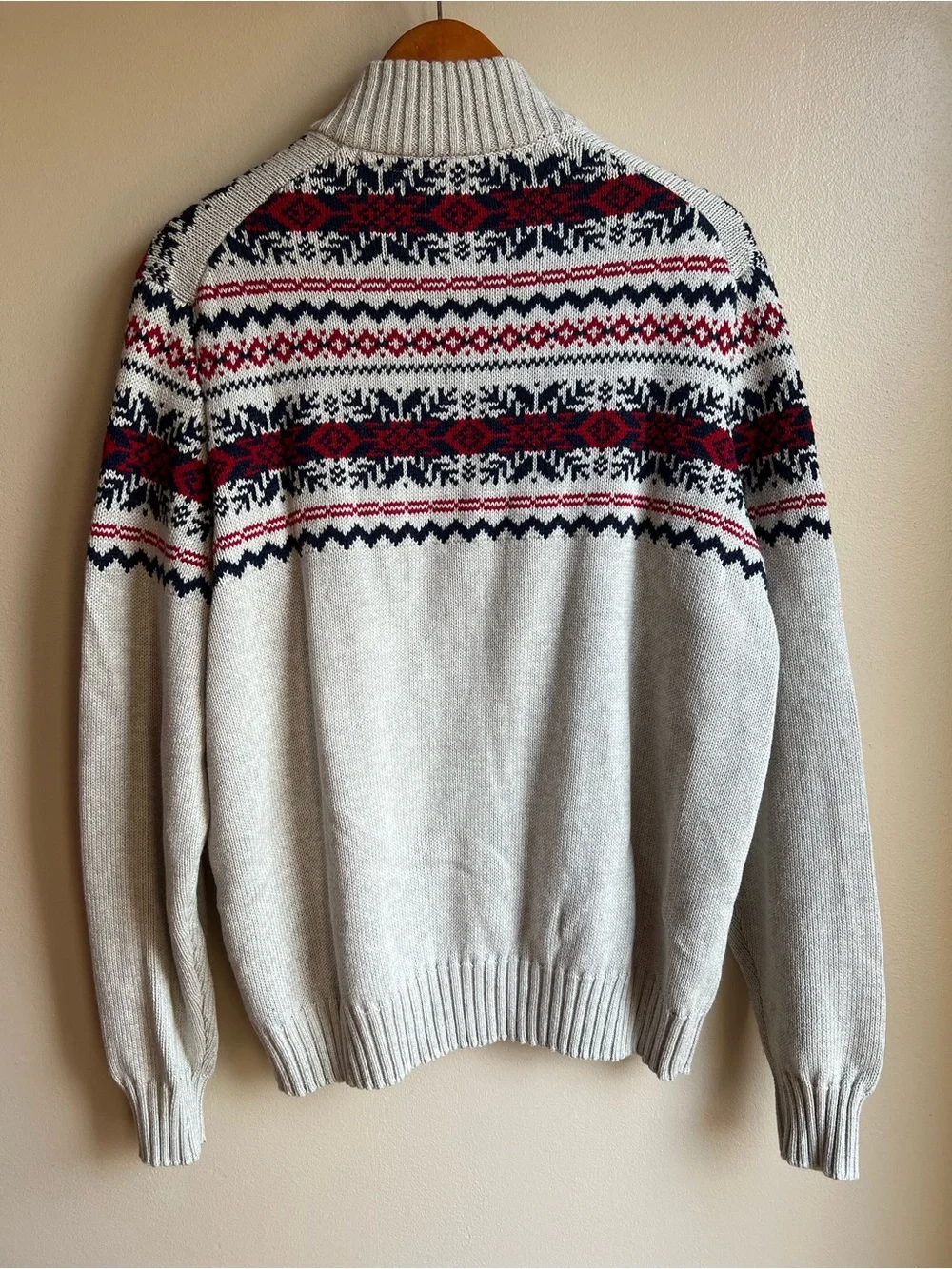 IZOD Men’s Large Fair Isle Nordic Pullover Sweater Quarter Button Gray Red Navy
